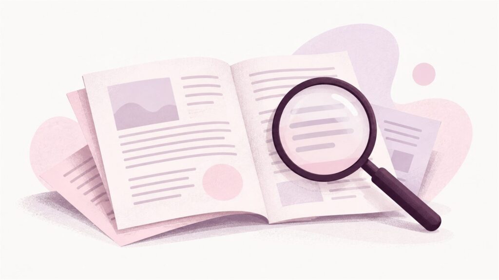 Artigos de pesquisa abertos ao lado de uma lupa