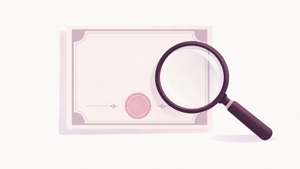 Lupa sobre um certificado em branco com selo