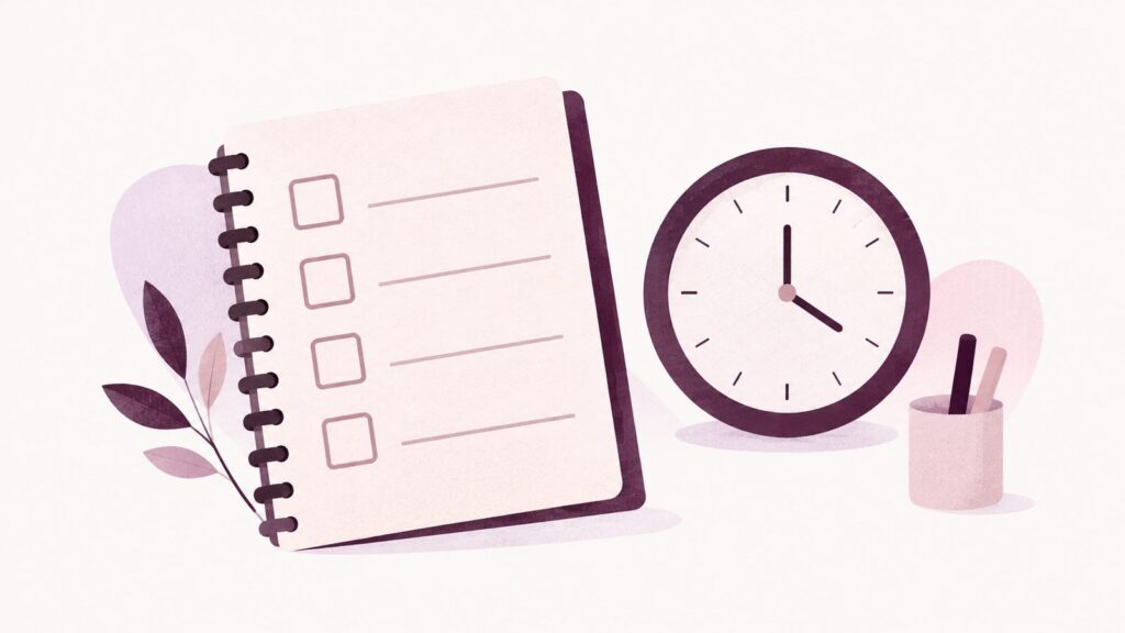 Caderno de checklist com marcações em branco e um relógio