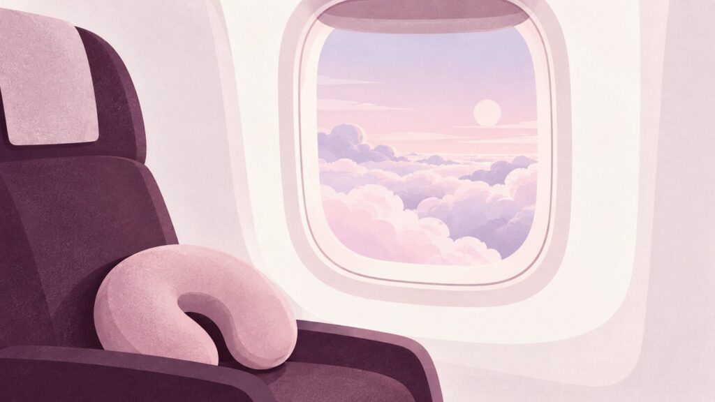 Vista de janelinha de avião com nuvens e um pequeno travesseiro de viagem